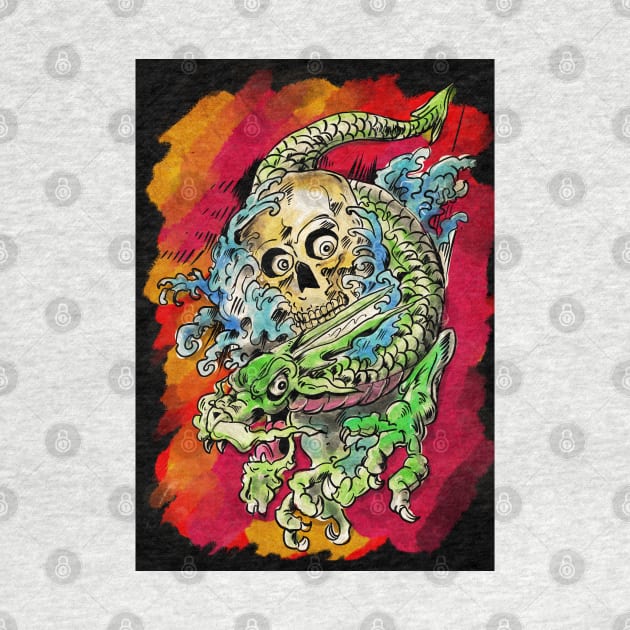 watercolour Tattoo design with dragon and zombie skull by silentrob668